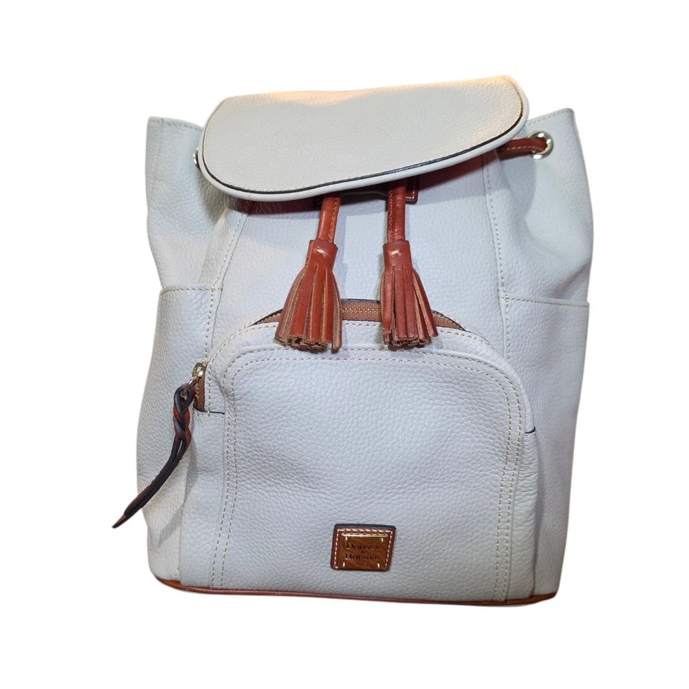Dooney & Bourke Pebbled Leather Drawstring Backpack White Tan Tassel Logo